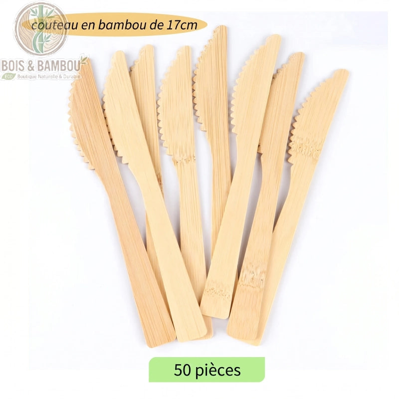 Couverts bambou jetables lot de 50 couteaux compostables pour evenement, Bois et Bambou Eco