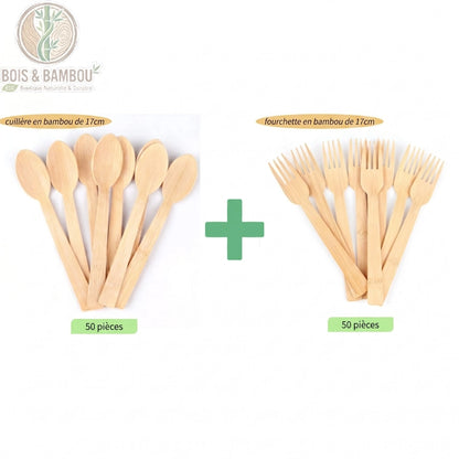 Couverts bambou jetables assortiment cuilleres et fourchettes biodegradables, Bois et Bambou Eco