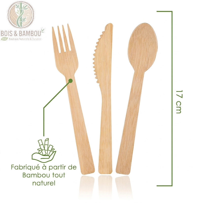 Couverts bambou jetables dimensions detaillees couteaux fourchettes cuilleres, Bois et Bambou Eco