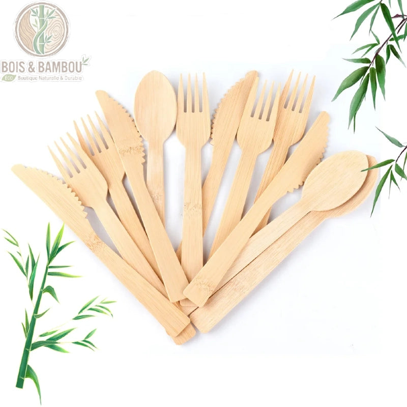 Couverts bambou jetables ensemble complet biodegradable et compostable, Bois et Bambou Eco