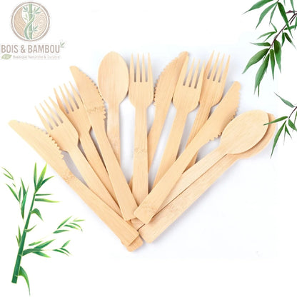 Couverts bambou jetables ensemble complet biodegradable et compostable, Bois et Bambou Eco