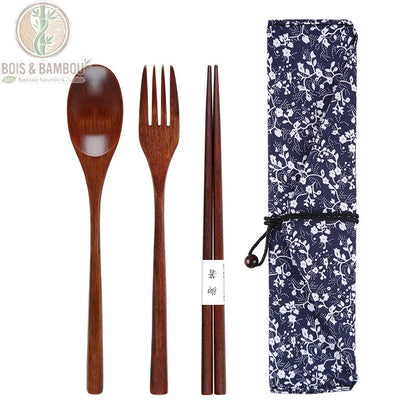 Couverts bois nomade, kit complet avec sac de transport tissu floral, Bois et Bambou Eco
