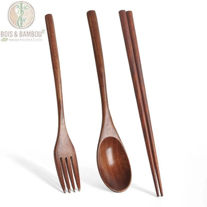 Couverts bois nomade, ensemble complet poli main vue plongeante, Bois et Bambou Eco