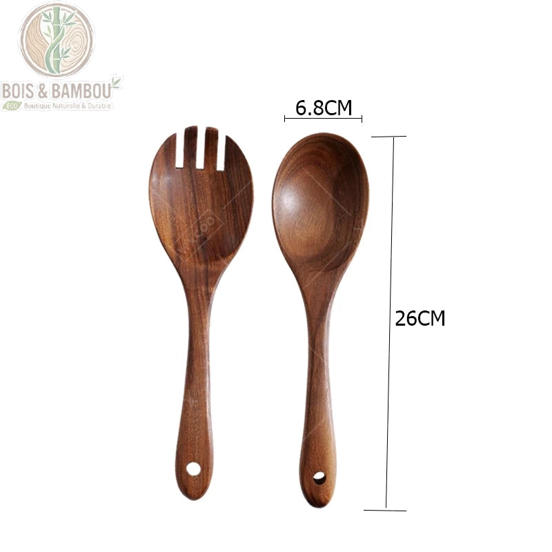 Couverts salade acacia dimensions, format manche long ergonomique, Bois et Bambou Eco