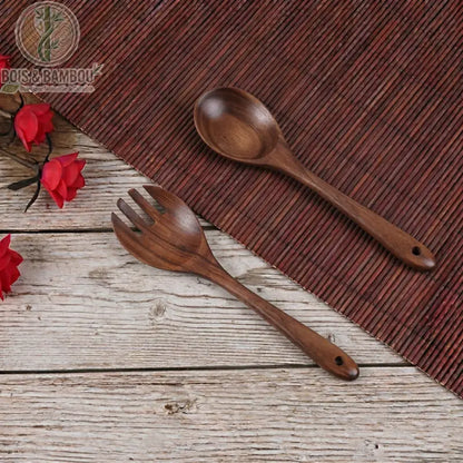 Couverts salade acacia duo complet, cuillere et fourchette sur table rustique, Bois et Bambou Eco