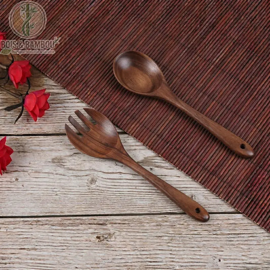 Couverts salade acacia duo complet, cuillere et fourchette sur table rustique, Bois et Bambou Eco