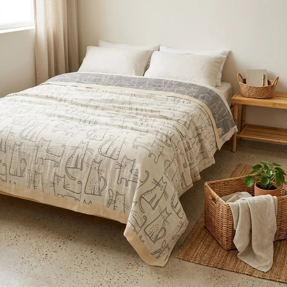 Couverture en gaze de coton bambou motif chat posée sur un lit, coloris beige