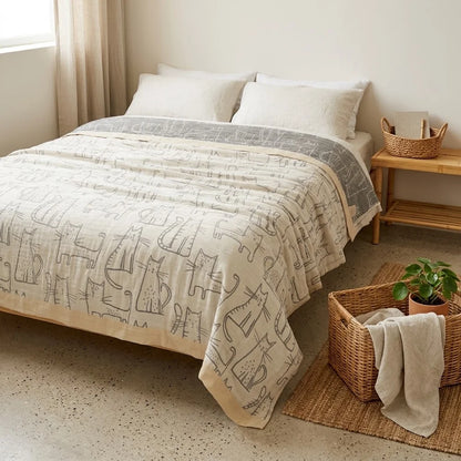 Couverture en gaze de coton bambou motif chat posée sur un lit, coloris beige