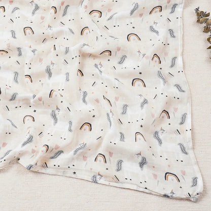 Couverture légère bébé en coton et bambou, motif licornes et arcs-en-ciel multicolores