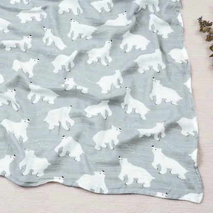Couverture légère bébé en coton et bambou, motif ours polaires sur fond bleu clair