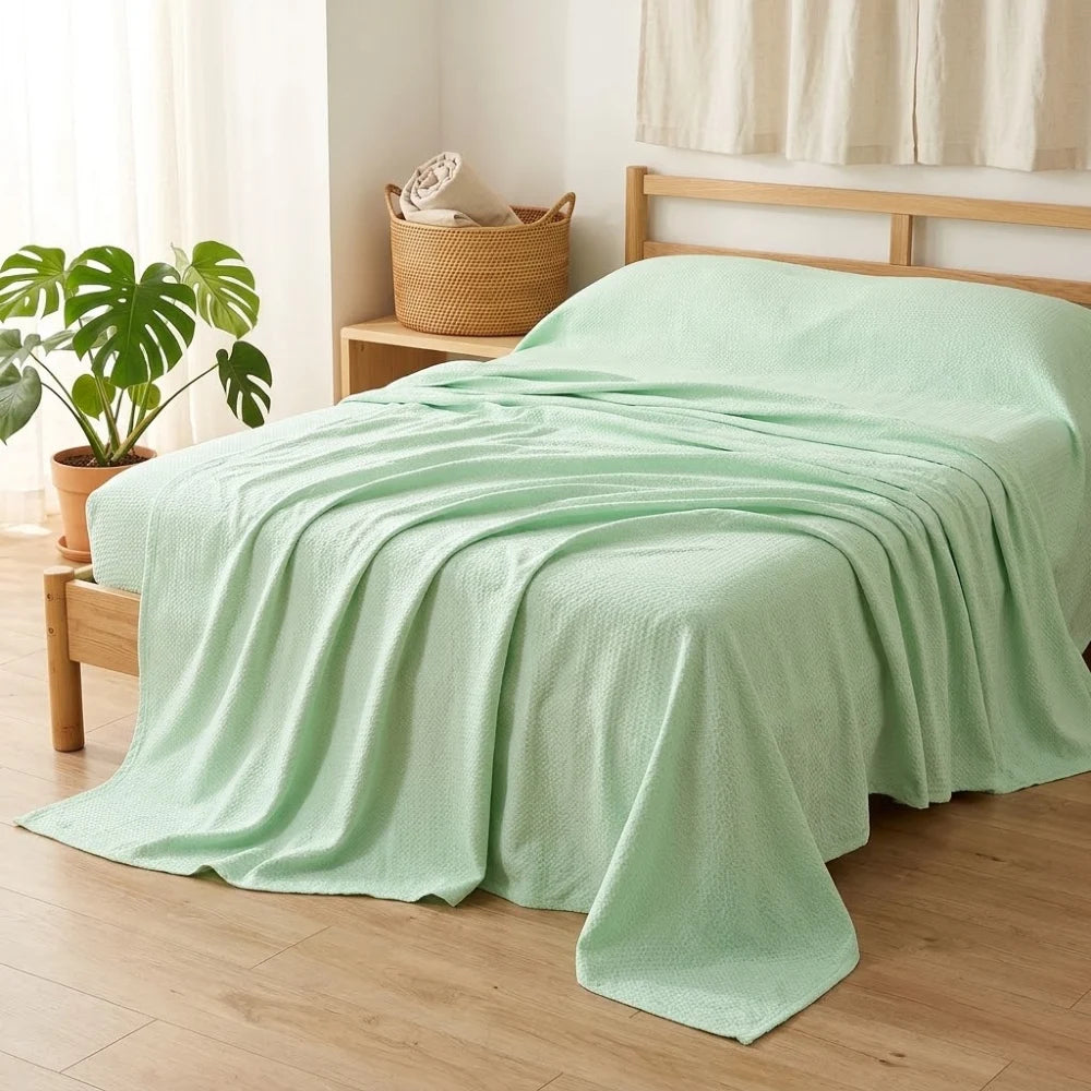 Couverture rafraîchissante en coton bambou, coloris vert tendre, posée sur un lit en bois clair