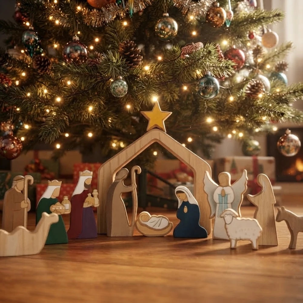 Crèche de Noël en bois aux personnages peints et étoile dorée