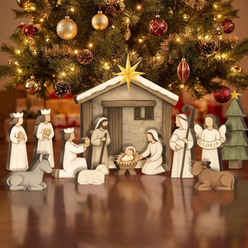 Crèche de Noël en bois peinte avec étable enneigée et sapin
