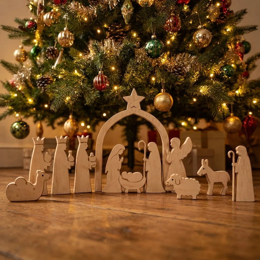 Crèche de Noël en bois clair avec arche rois mages et animaux