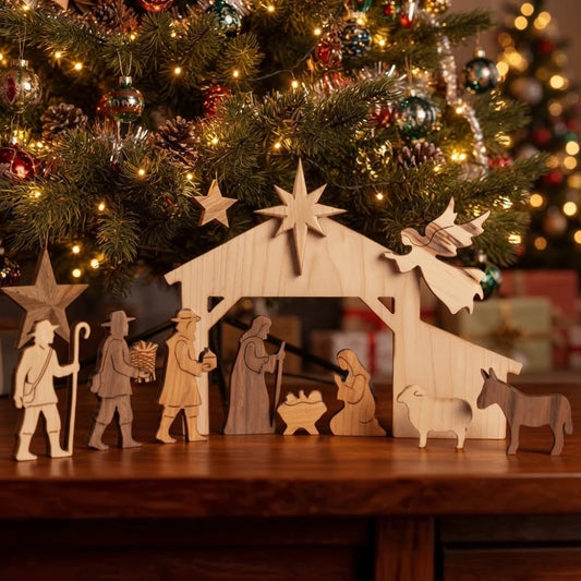 Crèche de Noël en bois avec étable bergers et ange en vol