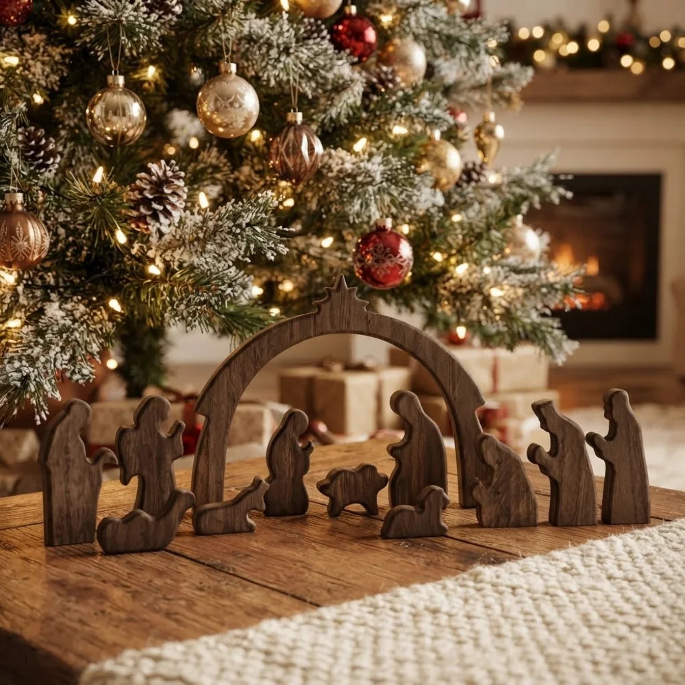 Crèche de Noël en bois foncé avec arche arrondie et personnages