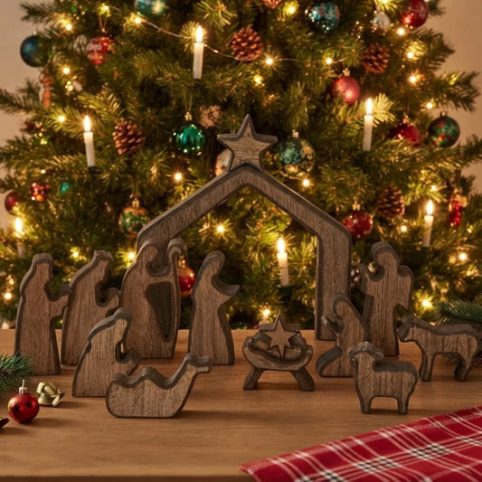 Crèche de Noël en bois foncé avec étable et étoile au pied du sapin