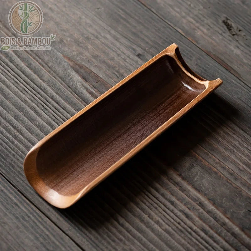 Cuillere a the bambou brun fonce large vue plongee interieur profond grain bambou apparent - Bois et Bambou Eco