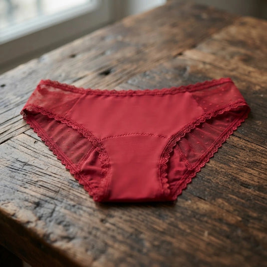 Culotte menstruelle en bambou rouge posée sur une table en bois