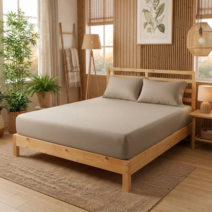 Drap-housse en bambou beige avec 2 taies sur un lit en bois