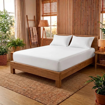 Drap-housse en bambou blanc avec 2 taies sur un lit en bois