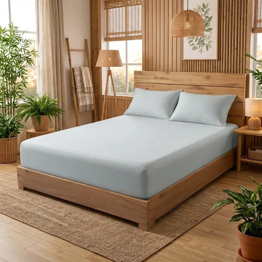 Drap-housse en bambou gris avec 2 taies sur un lit en bois