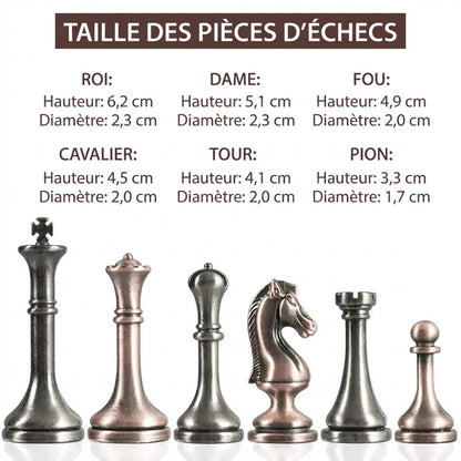 Hauteur des pièces d'échecs en métal, roi de 6 cm et pion de 3 cm