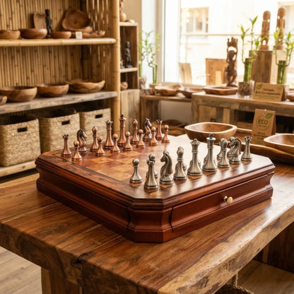 Jeu d'échecs décoratif en bois octogonal avec pièces en métal argent et cuivre sur une table