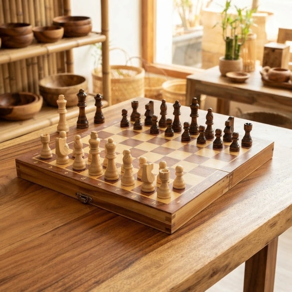 Jeu d'échecs en bois magnétique 24 cm avec pièces claires et foncées sur une table en bois
