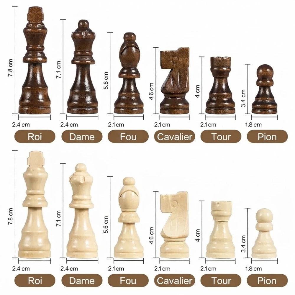 Hauteur des pièces d'échecs en bois, roi de 8 cm et pion de 3 cm