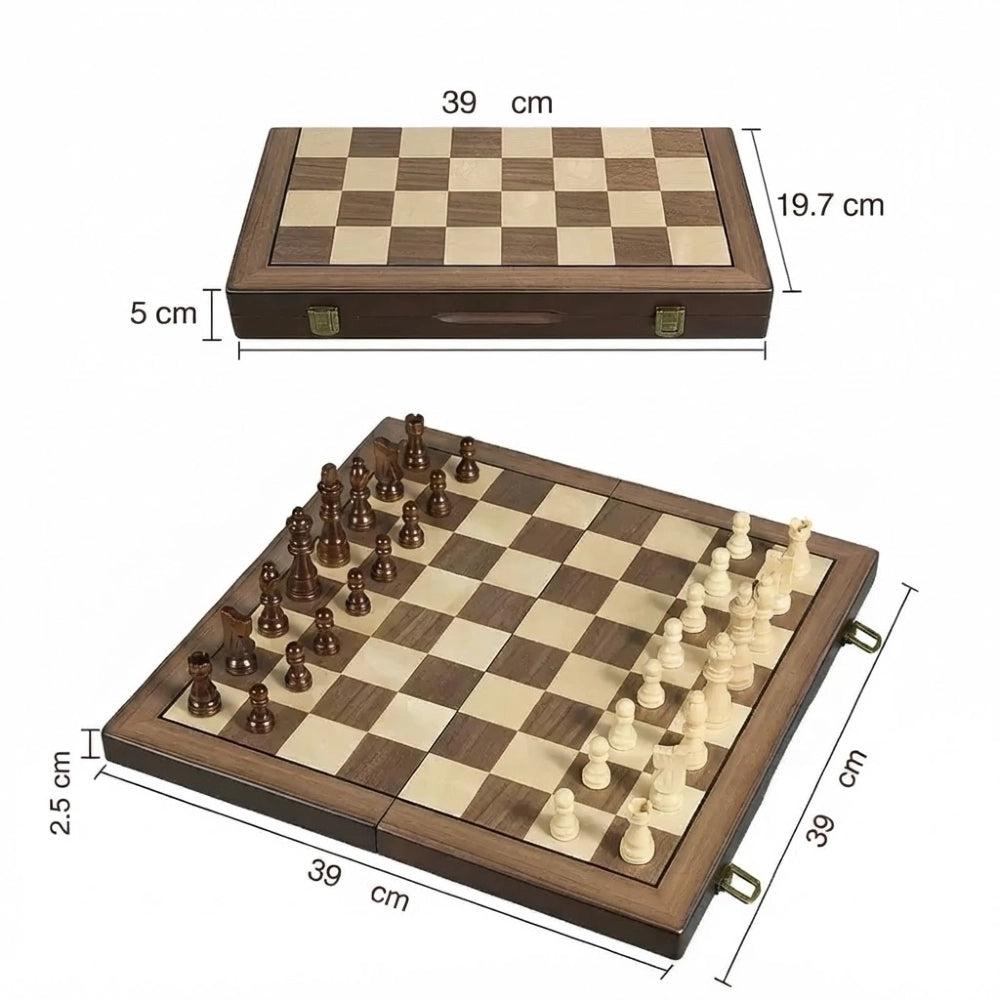 Dimensions de l'échiquier magnétique en bois, 39 cm ouvert et 39 sur 20 cm plié