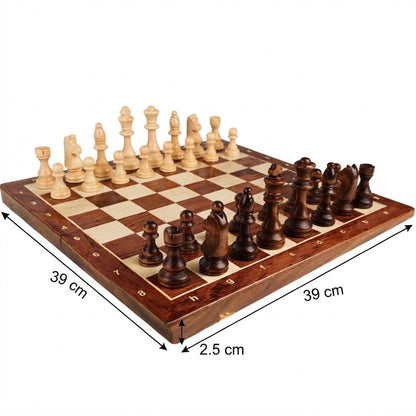 Dimensions de l'échiquier en bois pliant, 39 cm de côté et 3 cm d'épaisseur