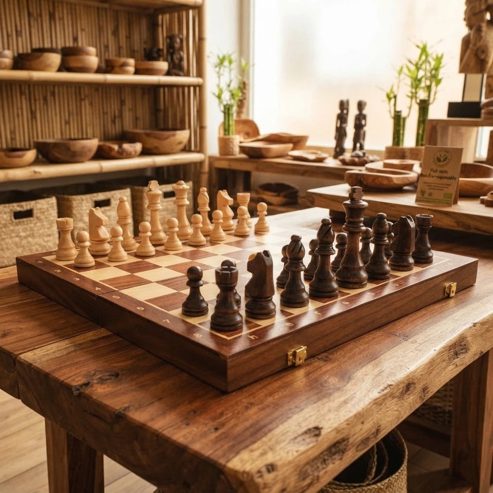 Jeu d'échecs en bois sur un échiquier pliant 39 cm posé sur une table en bois