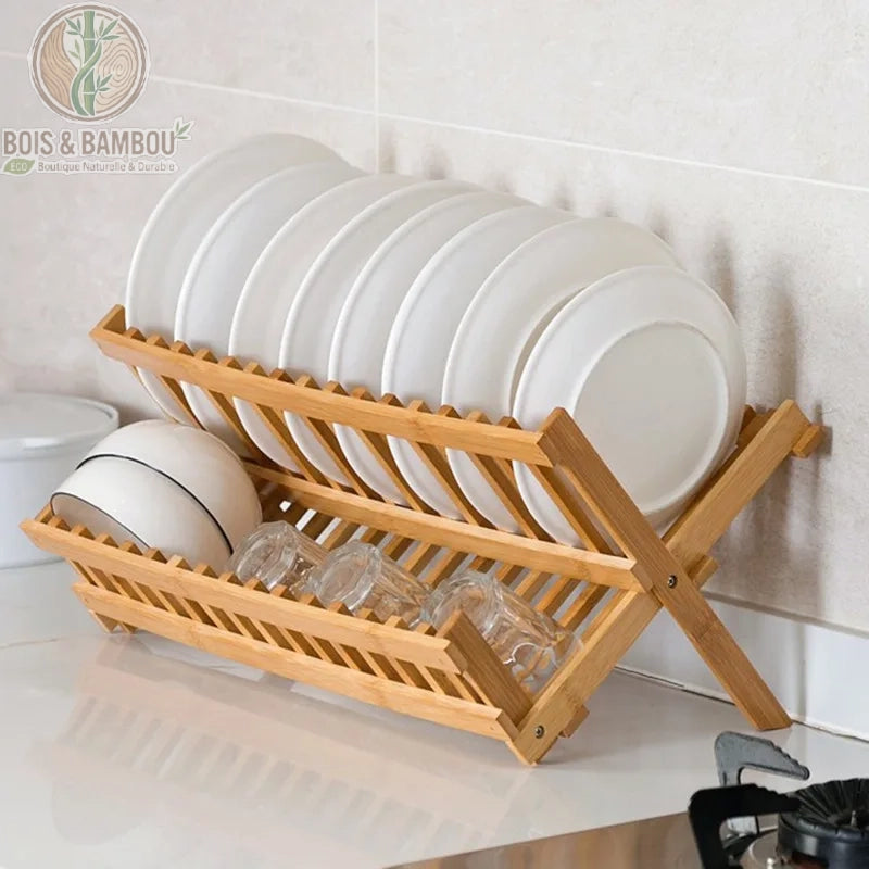 Egouttoir vaisselle bambou pliable vue 3/4 modele complet, structure 2 niveaux ouverte, Bois et Bambou Eco