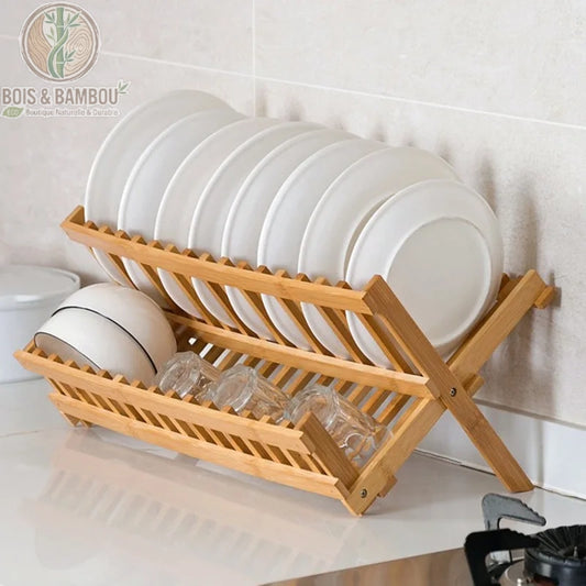 Egouttoir vaisselle bambou pliable vue 3/4 modele complet, structure 2 niveaux ouverte, Bois et Bambou Eco