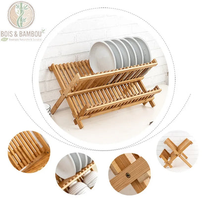 Egouttoir vaisselle bambou pliable avec assiettes et plante verte, ambiance decorative, Bois et Bambou Eco