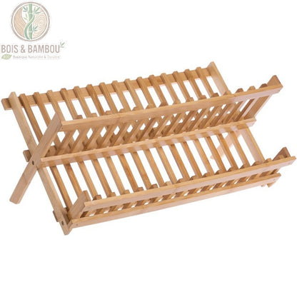 Egouttoir vaisselle bambou pliable vue 3/4 modele complet, structure 2 niveaux ouverte, Bois et Bambou Eco