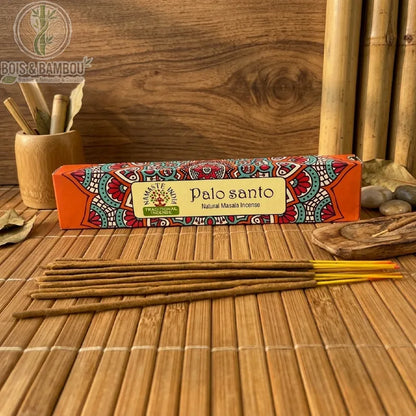 Encens Palo Santo masala mandala, bâtons à embout coloré, coffret illustré et bol en bois