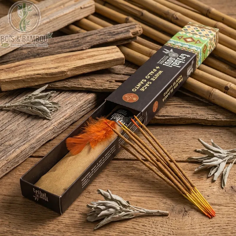 Encens Palo Santo sauge blanche, bâtons à embout coloré, coffret orné d'une plume sur bois