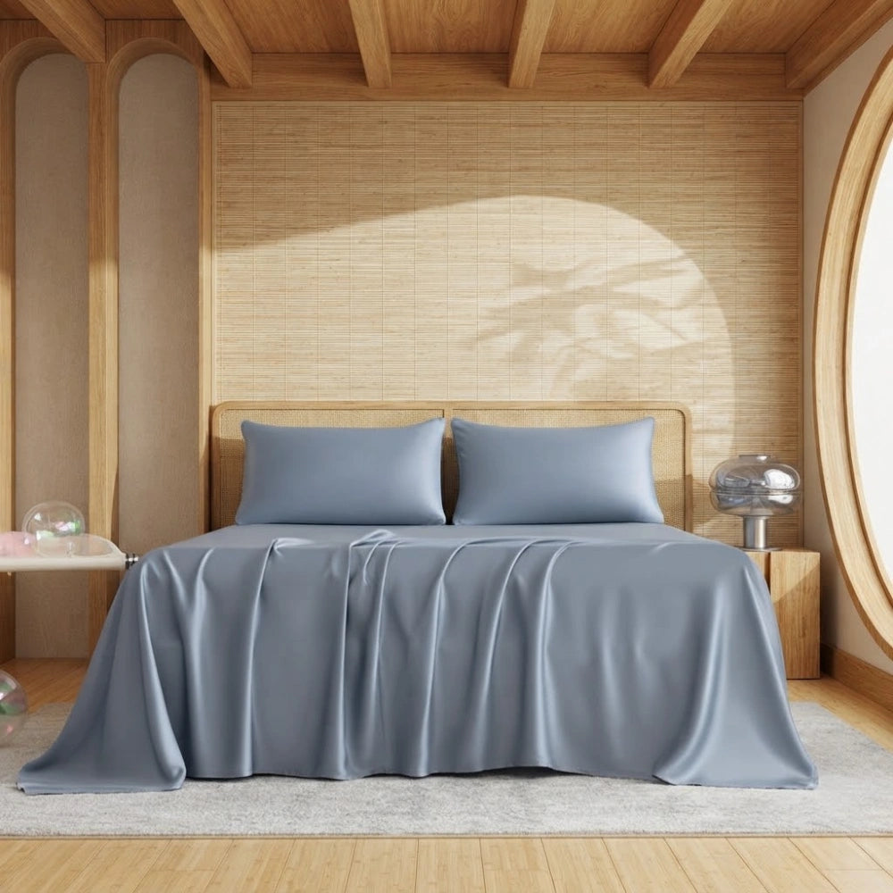 Ensemble de draps en bambou bleu ardoise sur un lit