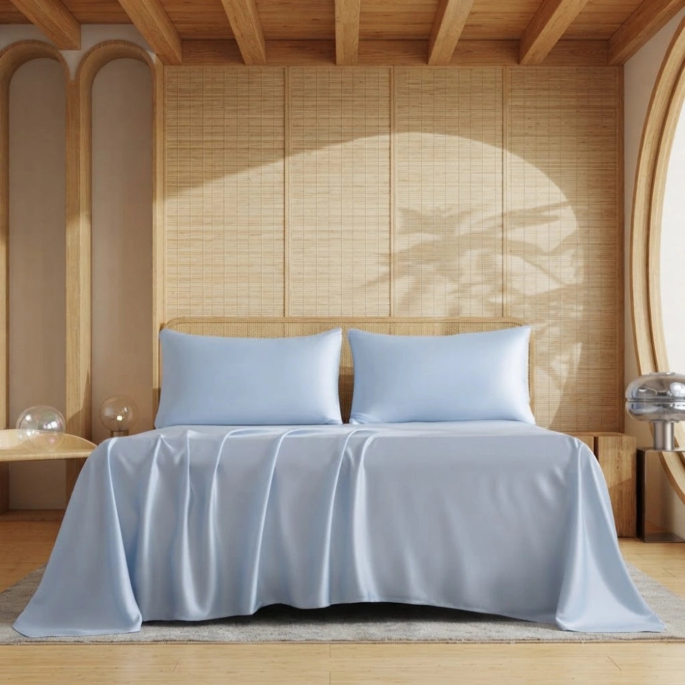 Ensemble de draps en bambou bleu ciel sur un lit
