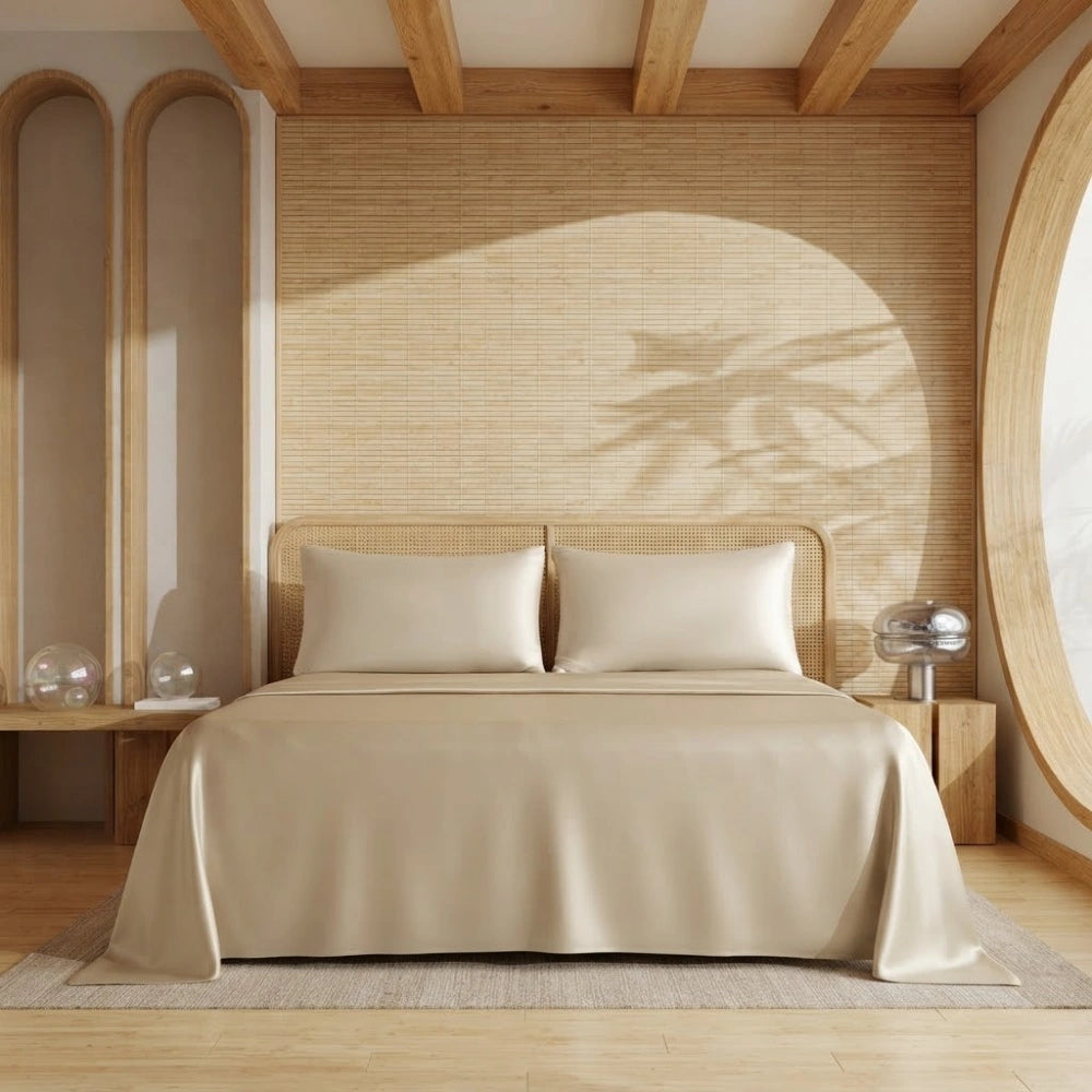 Ensemble de draps en bambou champagne sur un lit
