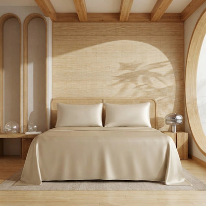 Ensemble de draps en bambou champagne sur un lit
