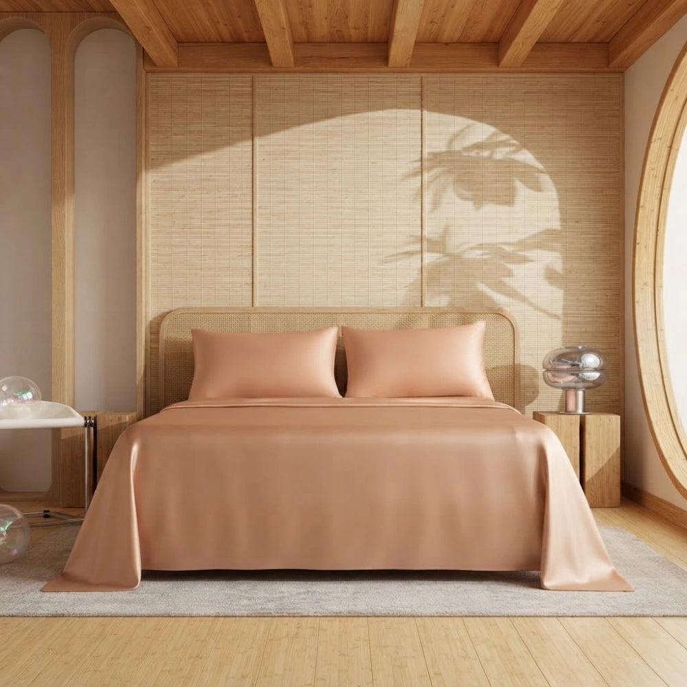 Ensemble de draps en bambou or rose sur un lit