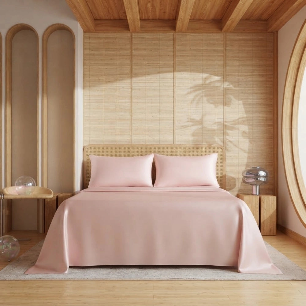 Ensemble de draps en bambou rose poudré sur un lit