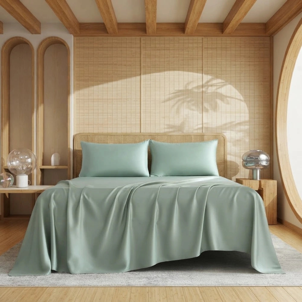 Ensemble de draps en bambou vert sauge sur un lit