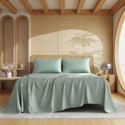 Ensemble de draps en bambou vert sauge sur un lit