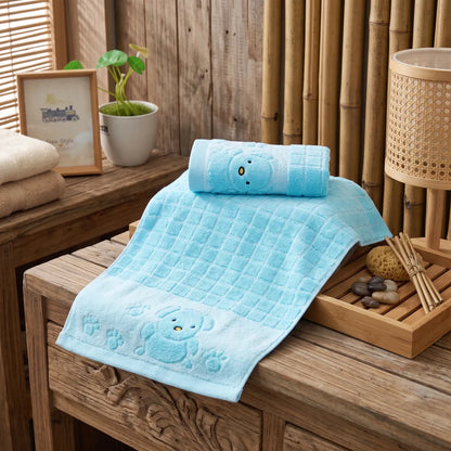 Ensemble de 2 serviettes en bambou, coloris bleu, motif chien brodé, 25 par 50cm