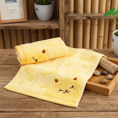 Ensemble de 2 serviettes en bambou, coloris jaune, motif chat brodé, 25 par 50cm