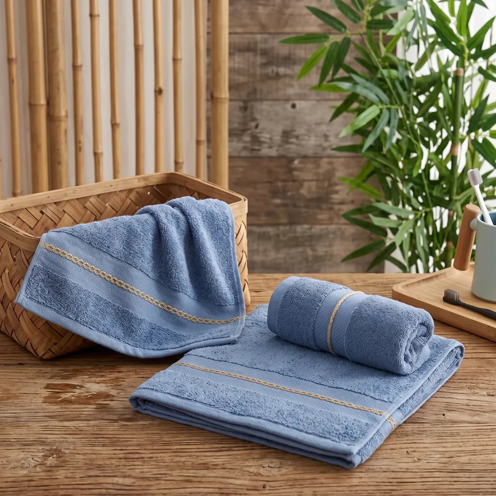 Serviette en bambou haut de gamme, coloris bleu marine, bordure tissée
